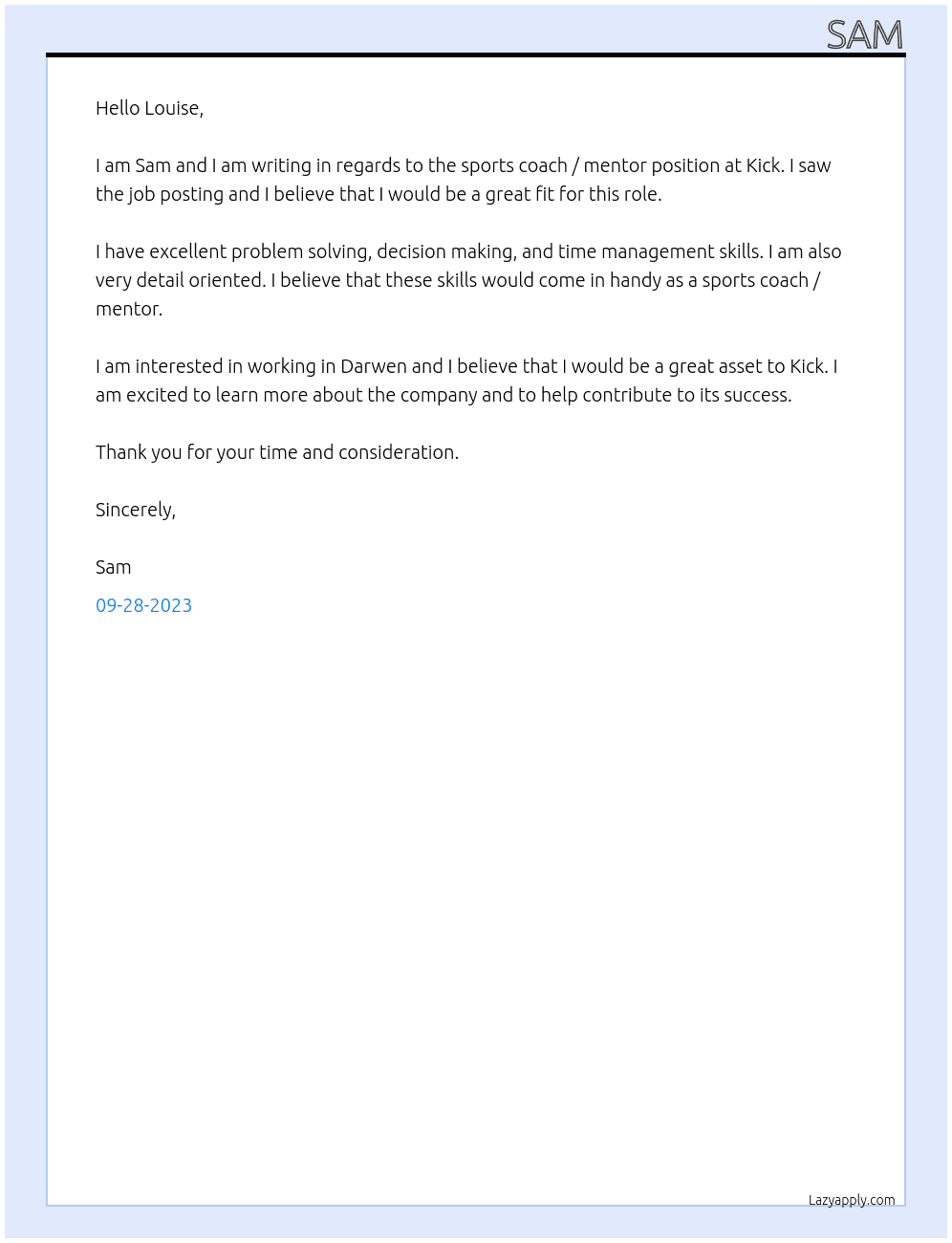 sports coach / mentor At Kick Cover Letter