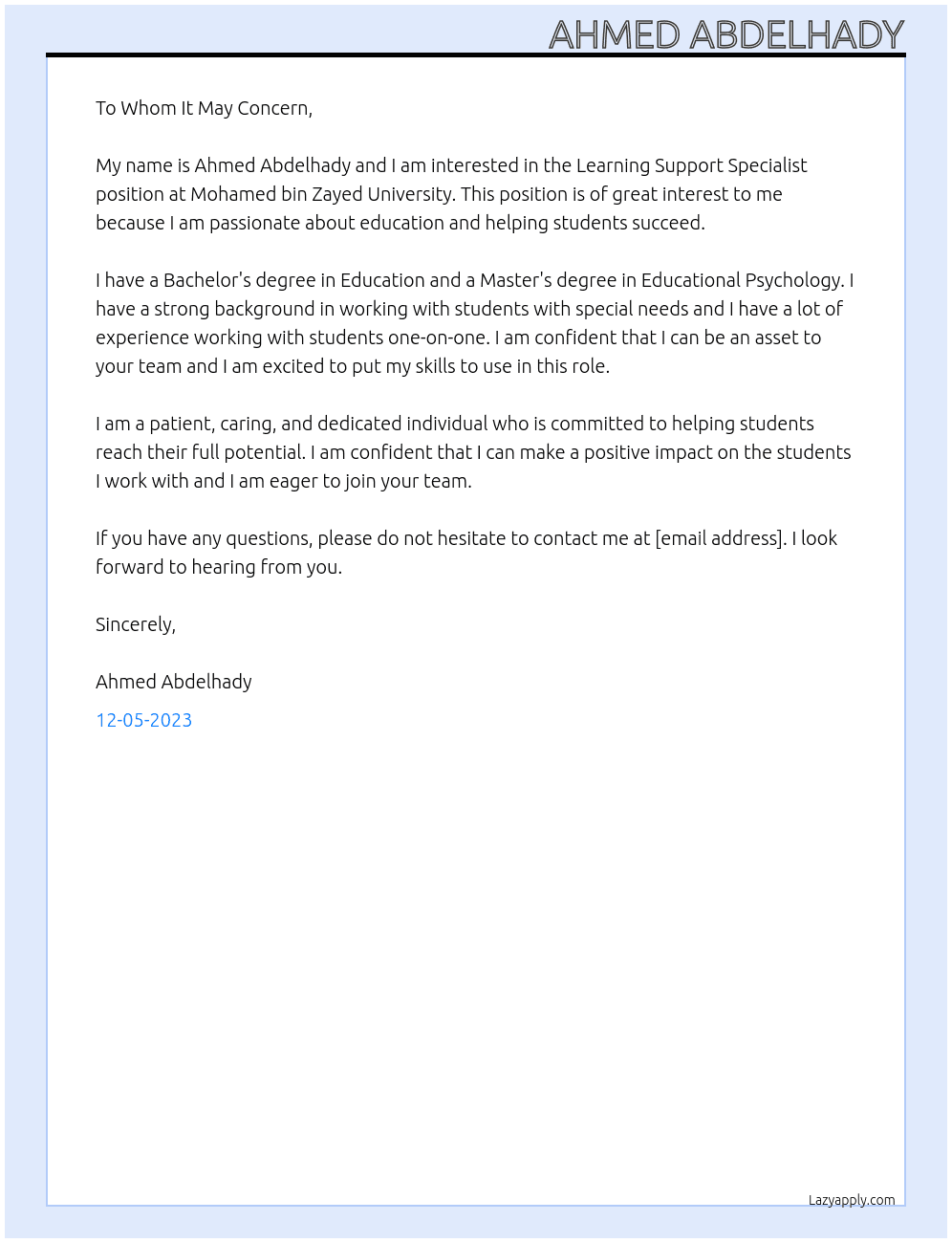 Learning Support Specialist At Mohamed bin Zayed University  Cover Letter