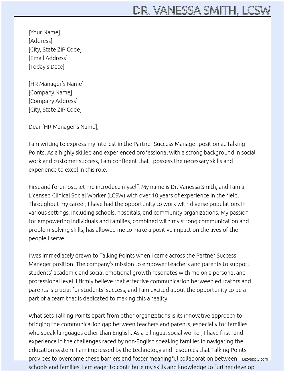 Partner Success Manager At Talking Points Cover Letter
