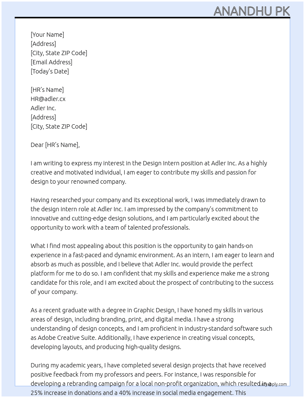design intern At Adler Inc Cover Letter