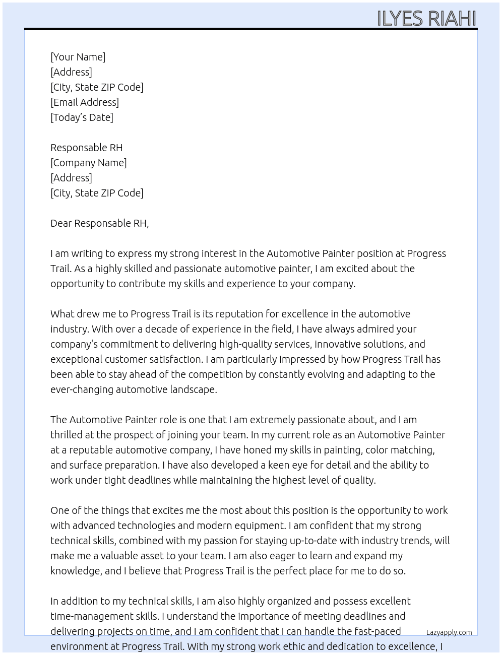 Automotive painter  At Progress trail Cover Letter
