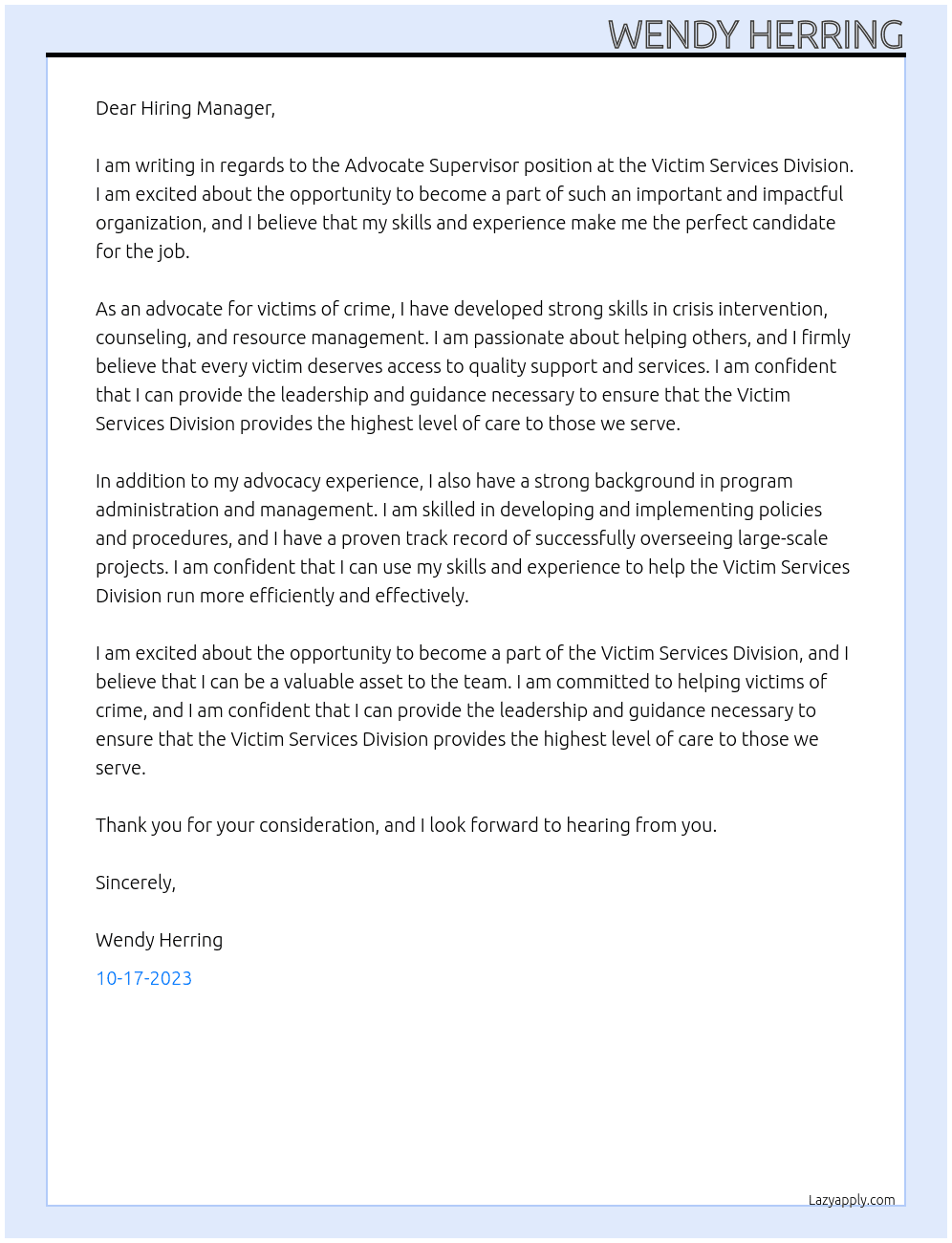Advocate Supervisor At Victim Services Division Cover Letter