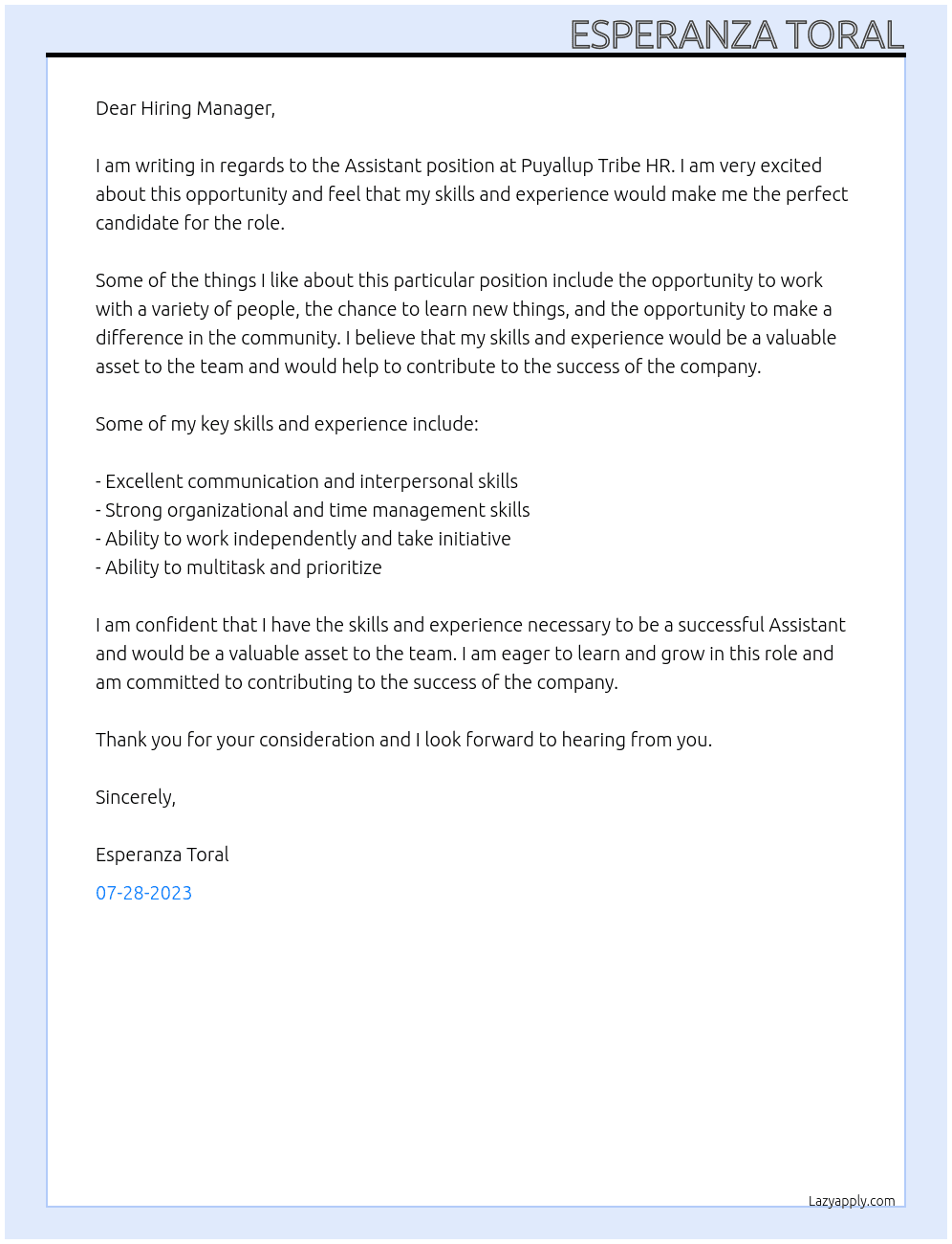 Assistant  At Puyallup tribe HR  Cover Letter