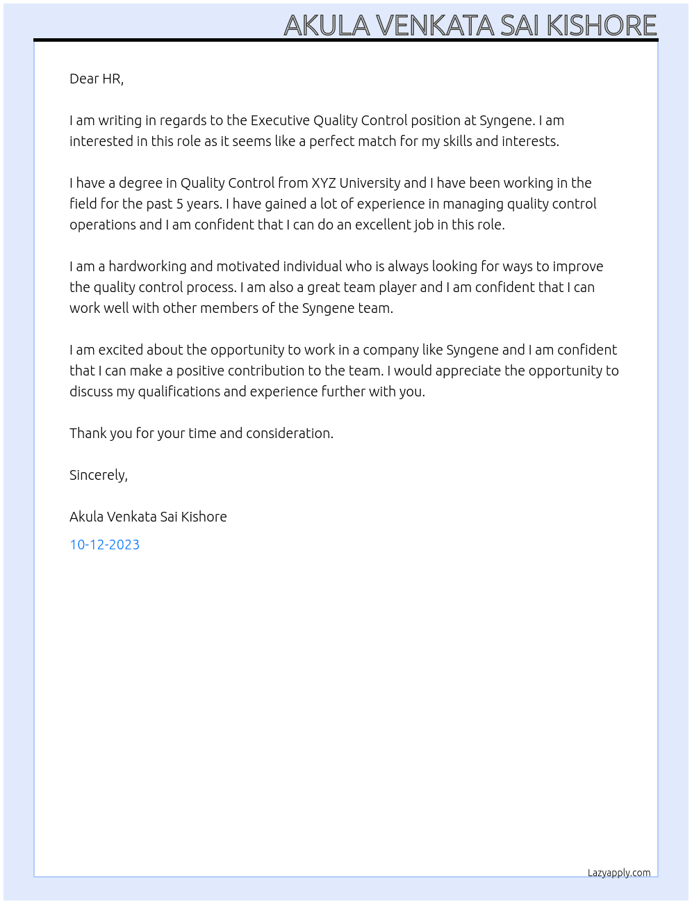 Executive quality control  At Syngene  Cover Letter