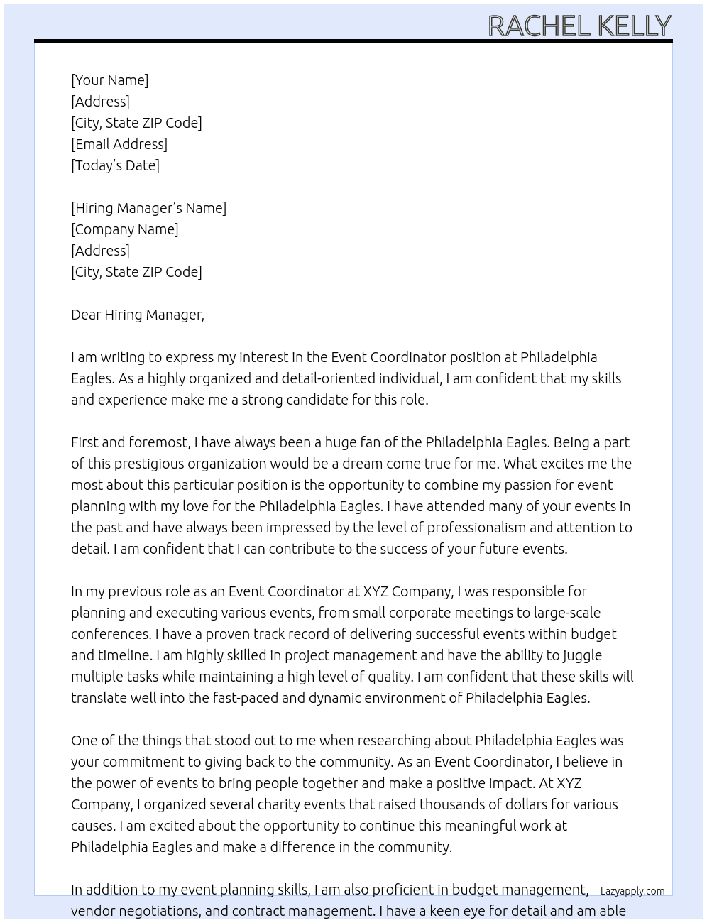 Event Coordinator At Philadelphia Eagles Cover Letter