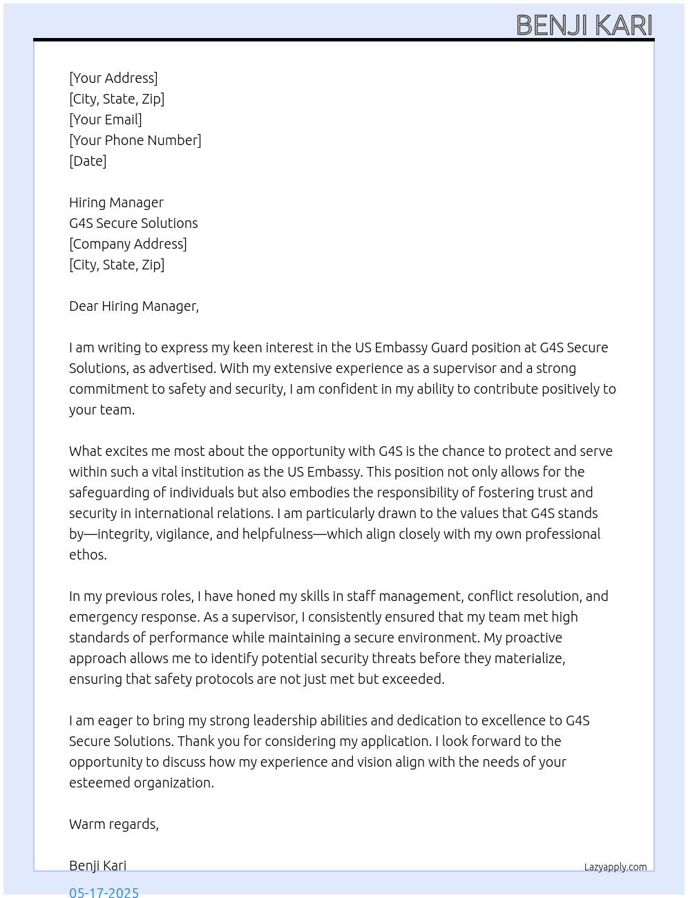  US Embassy Guard  At G4S Secure Solution  Cover Letter