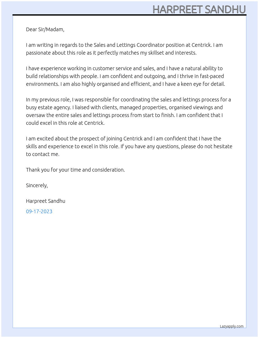 Sales and Lettings Coordinator At Centrick Cover Letter