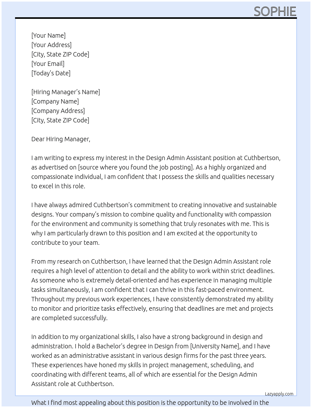 Design Admin Assistant At Cuthbertson Cover Letter