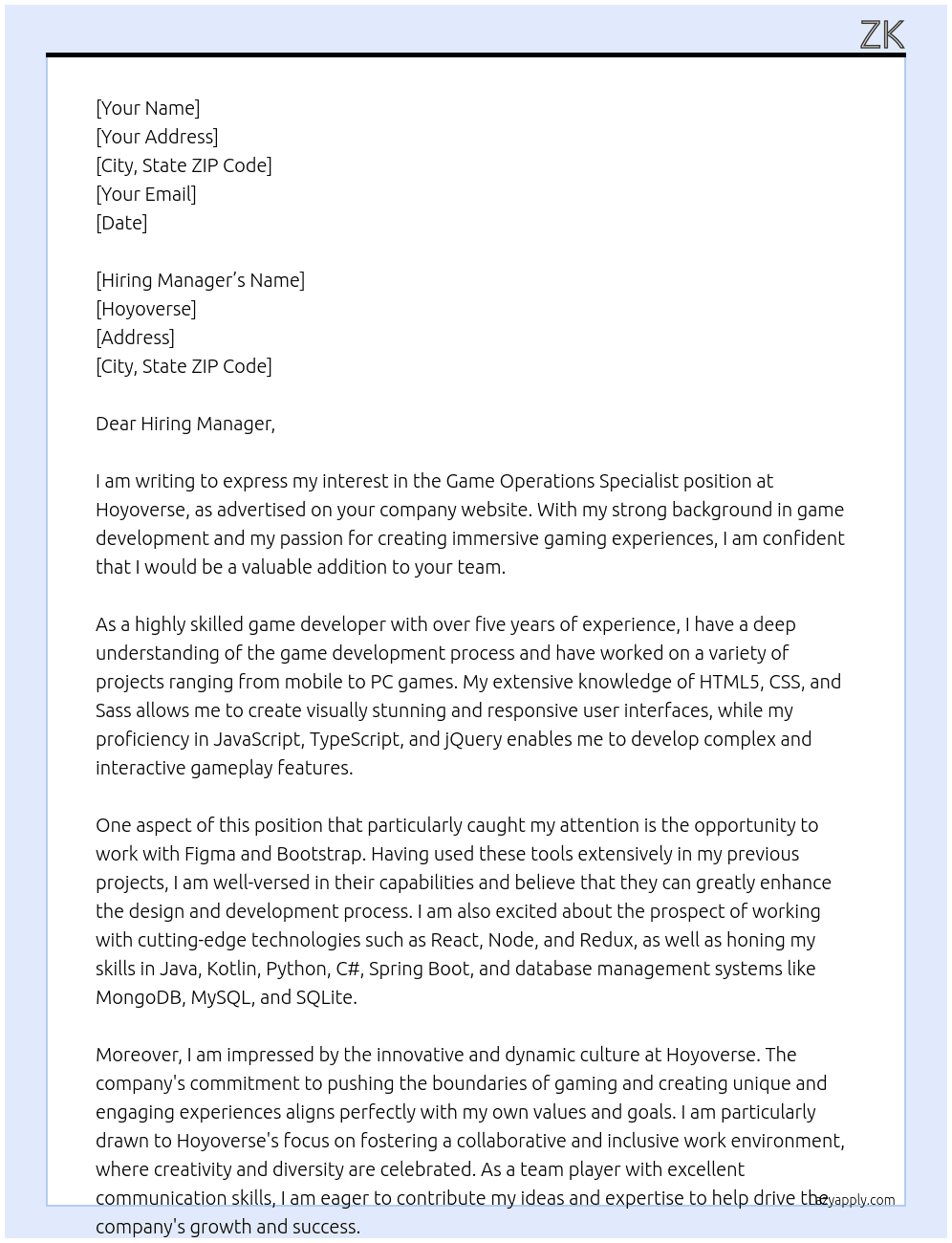 Game Operations Specialist At Hoyoverse Cover Letter