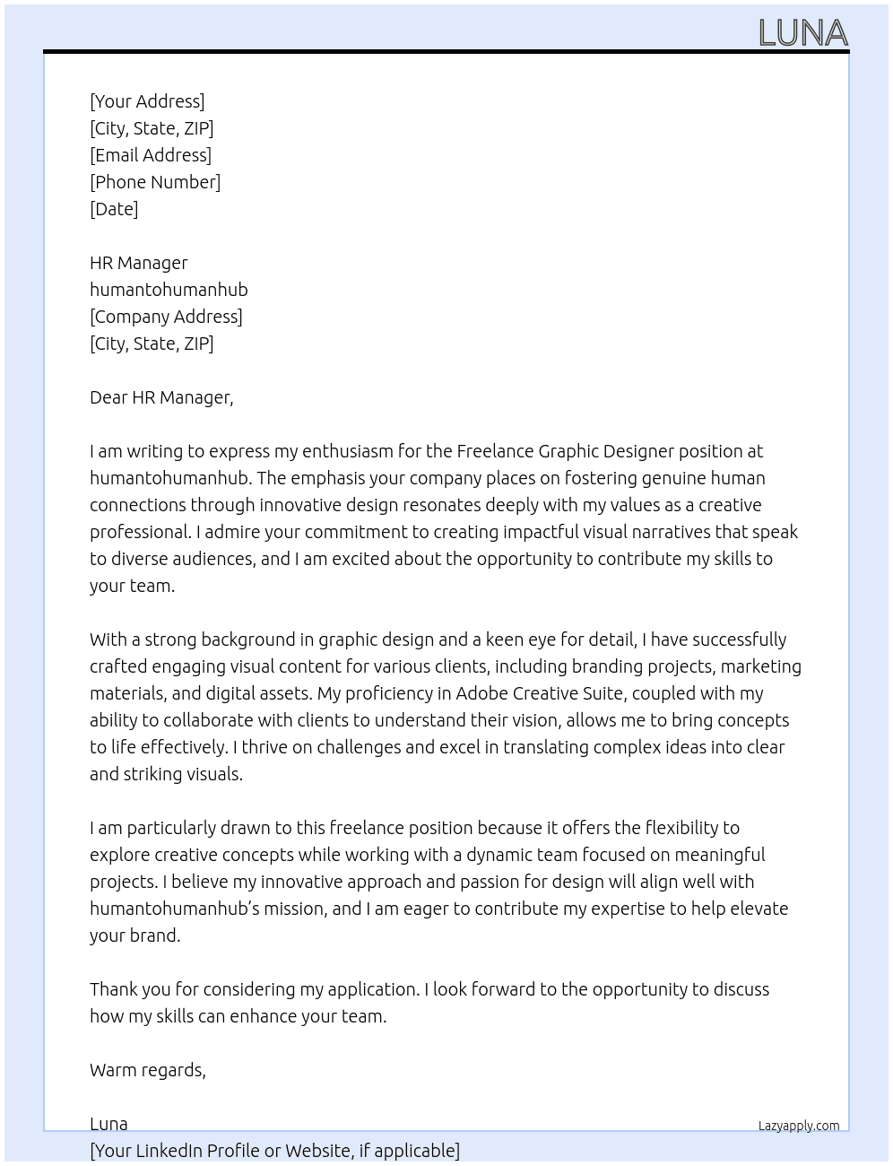 Freelance Graphic designer At humantohumanhub Cover Letter