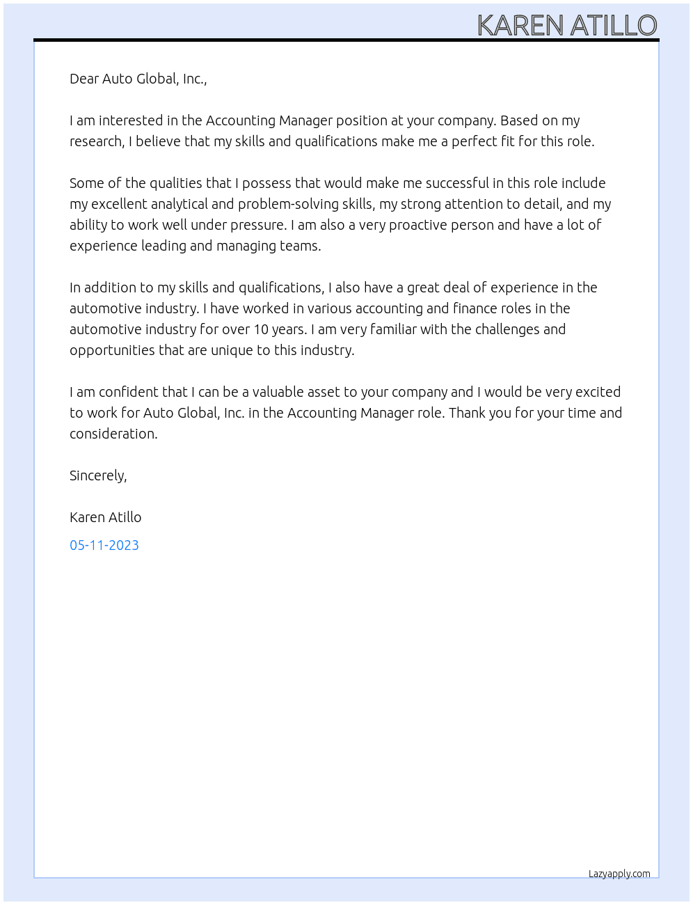 Accounting Manager  At Auto Global, Inc. Cover Letter