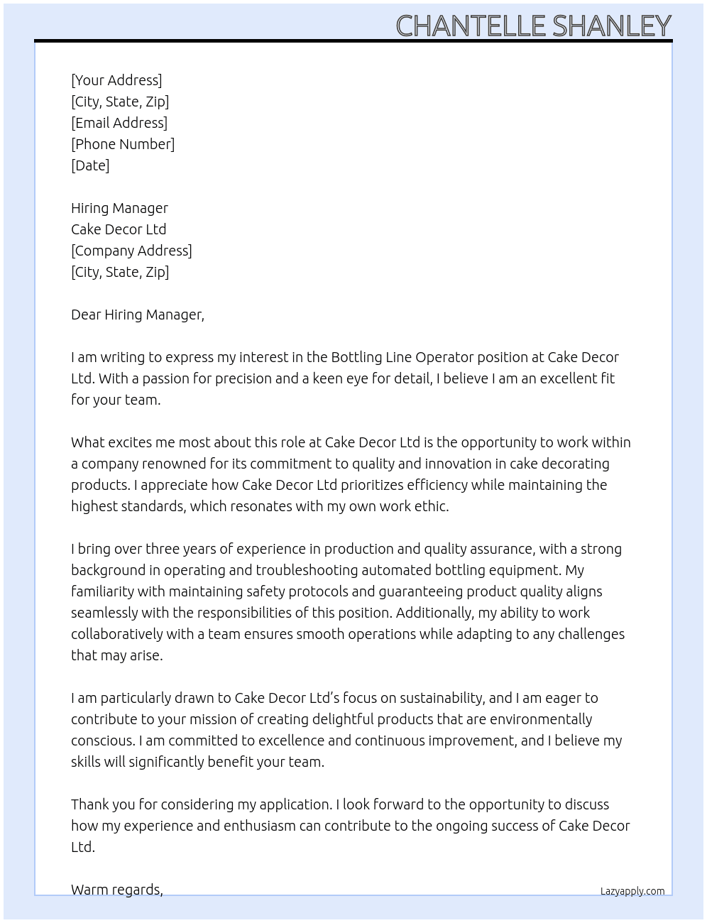 Bottling Line Operators At Cake Decor Ltd Cover Letter
