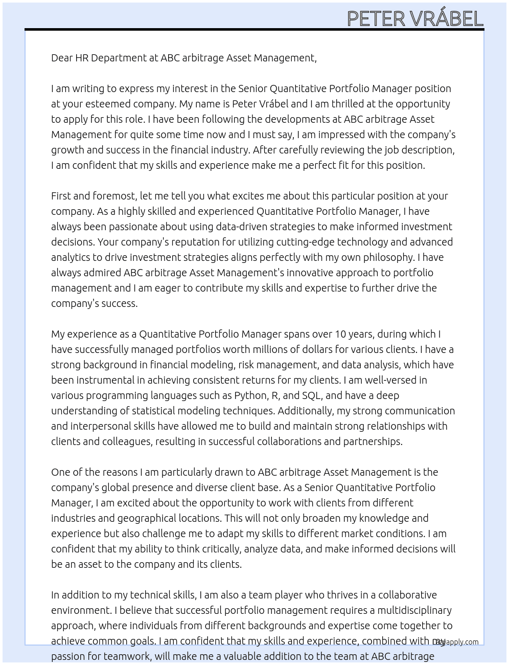 Senior Quantitative Portfolio Manager At ABC arbitrage Asset Management Cover Letter