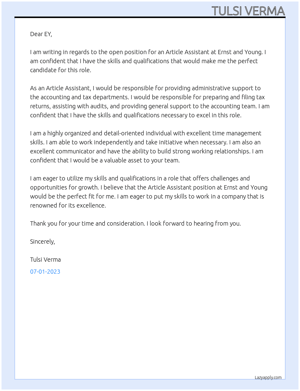 Article Assistant At Ernst and Young Cover Letter
