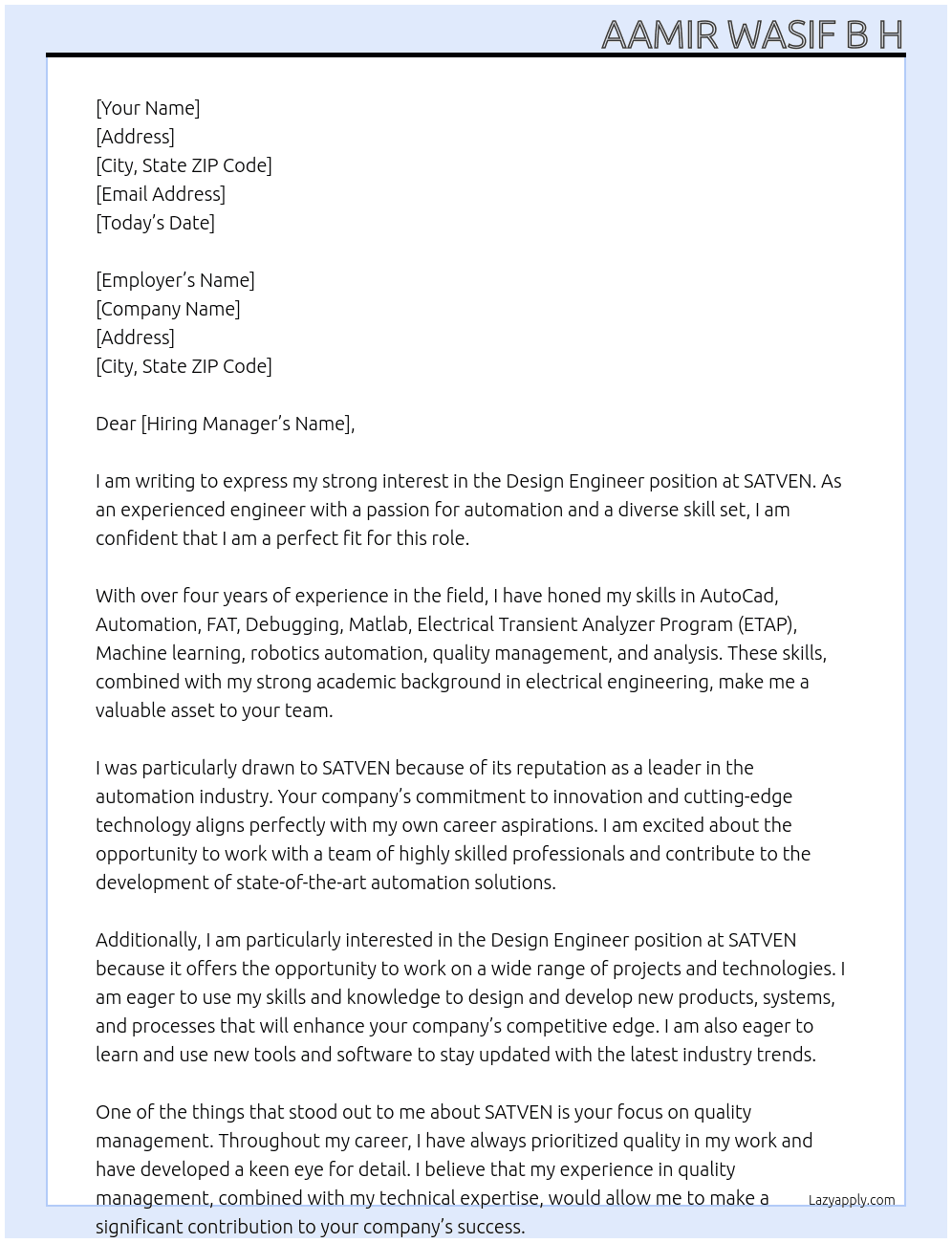 Design engineer  At SATVEN Cover Letter