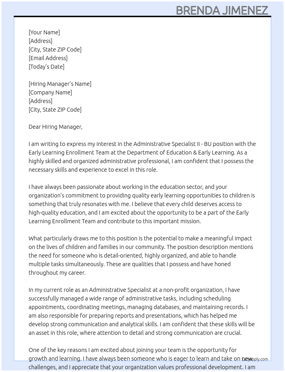 Administrative Specialist II - BU (Early Learning Enrollment Team) At  Department of Education & Early Learning Cover Letter