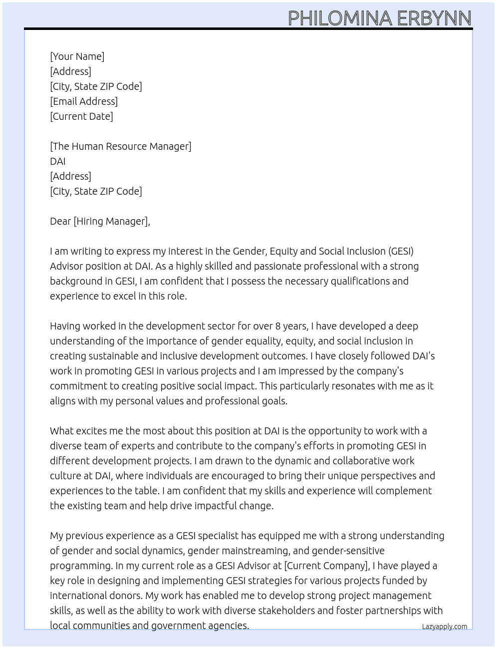 Gender, Equity and Social Inclusion (GESI) Advisor At DAI Cover Letter