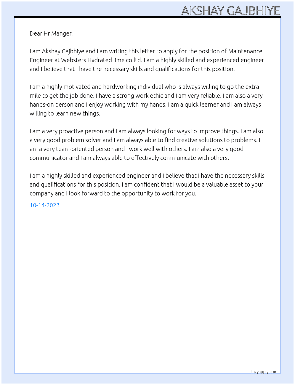 Maintenance Engineer At Websters Hydrated lime co.ltd Cover Letter