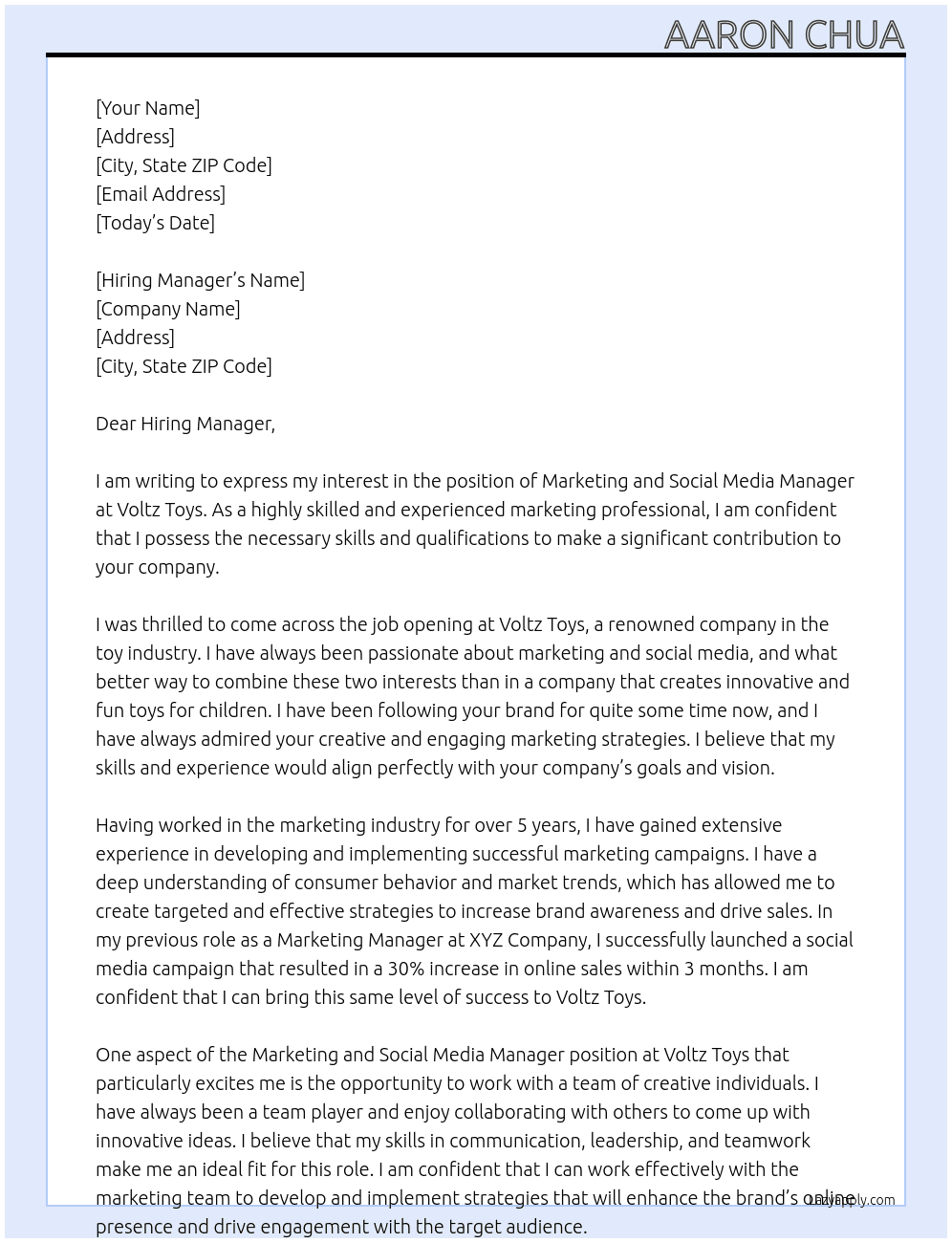Marketing and Social Media Manager At Voltz Toys Cover Letter