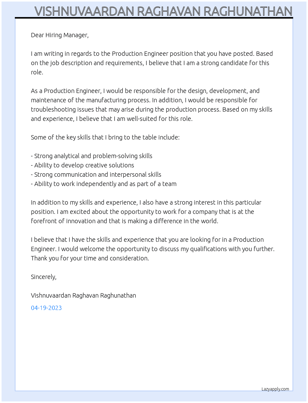 production engineer At ds Cover Letter