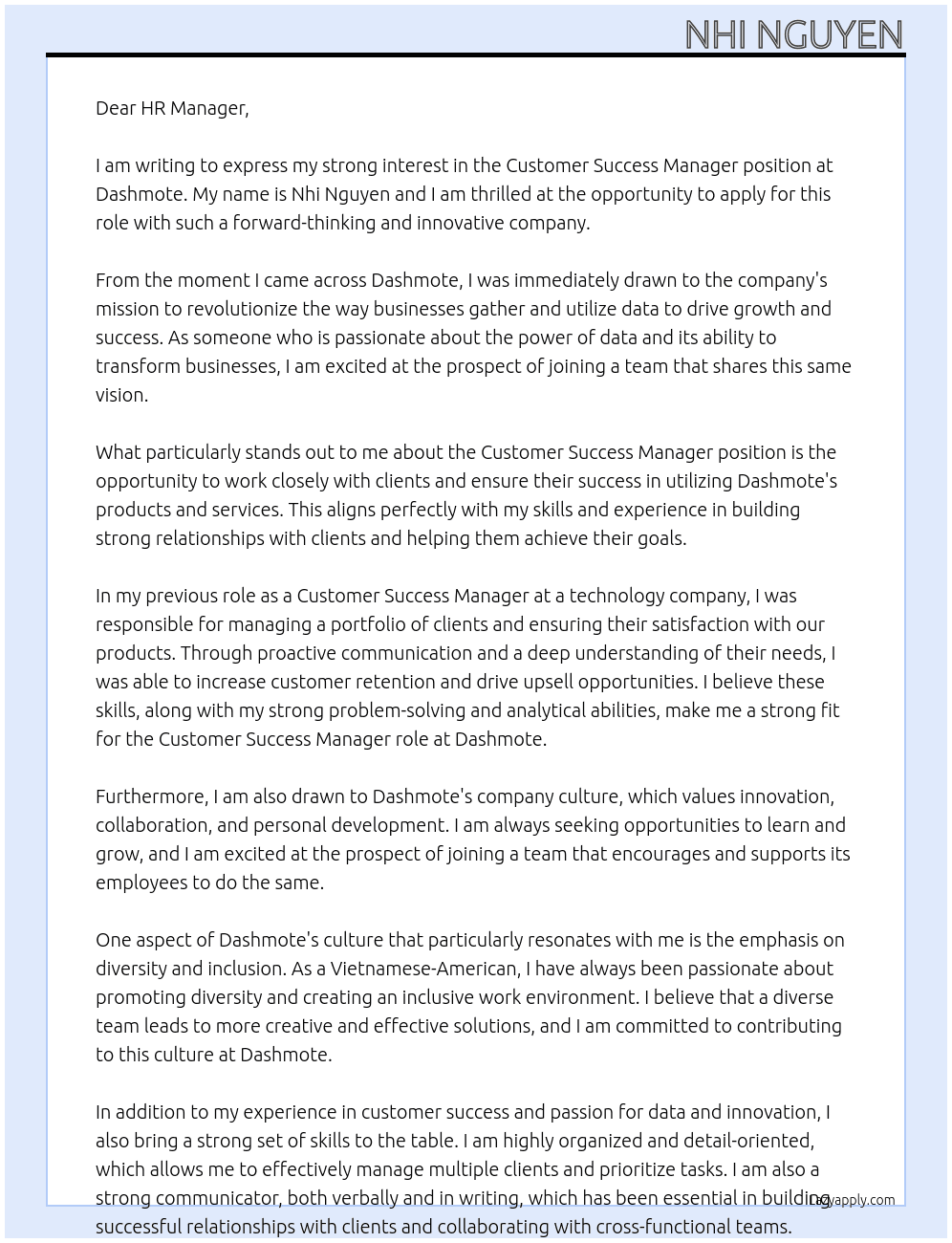 Customer Success Manager  At Dashmote  Cover Letter