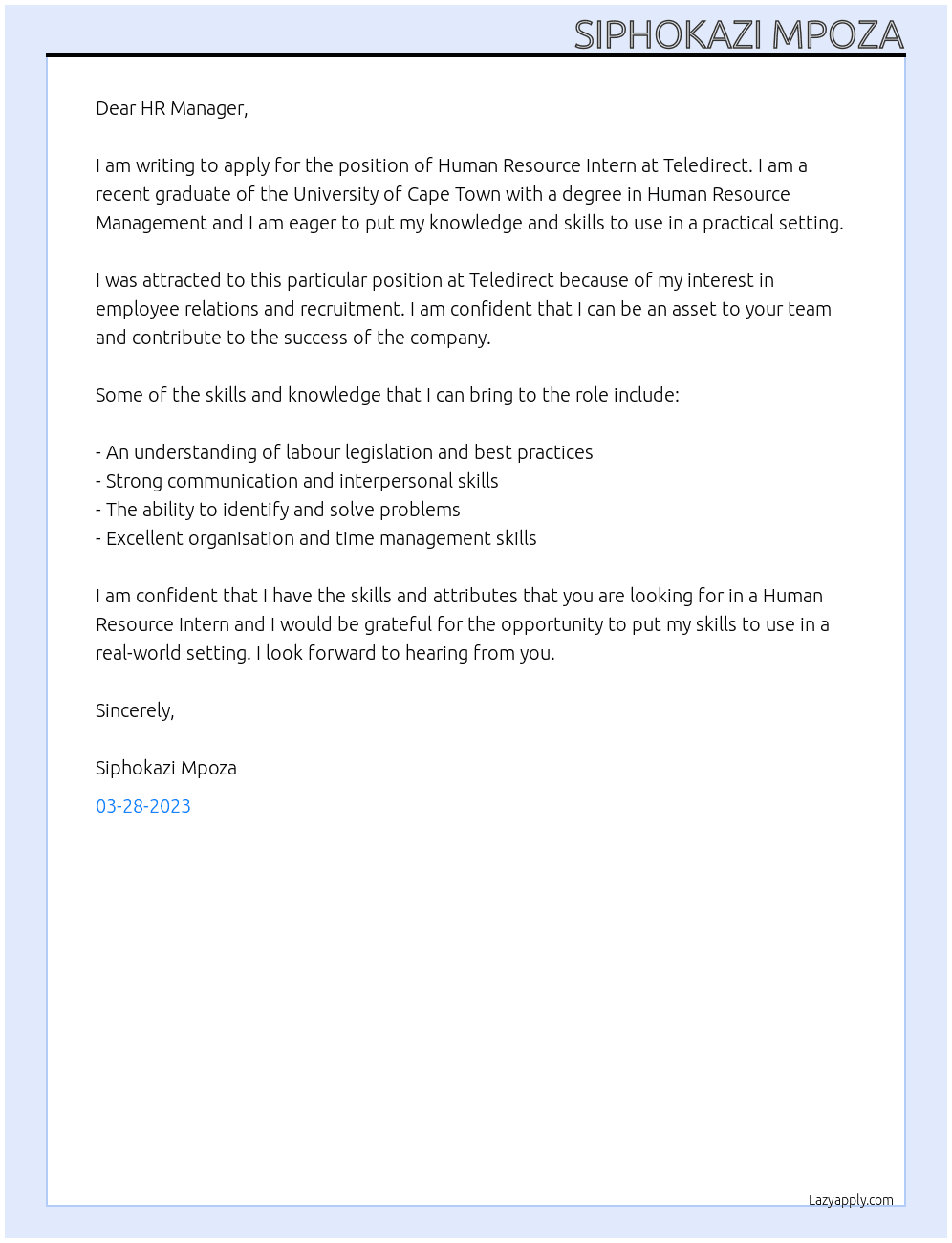 HUMAN RESOURCE INTERNSHIP At TELEDIRECT Cover Letter