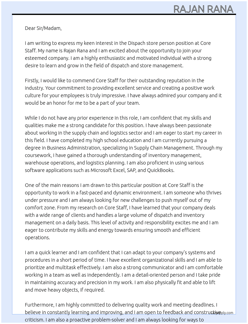 Dispach store person  At Core staff  Cover Letter