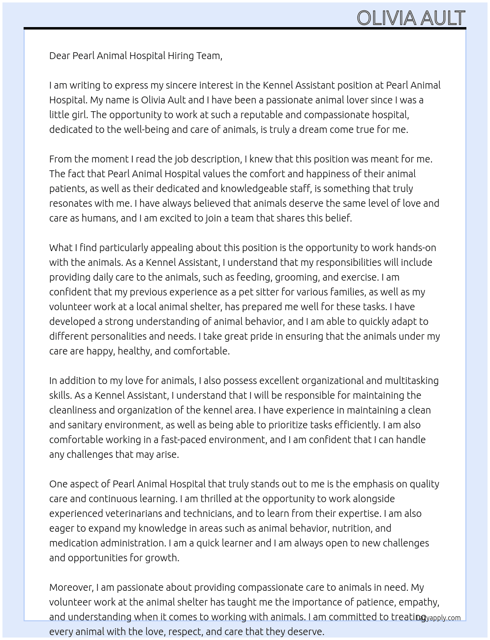 Kennel Assistant At Pearl Animal Hospital Cover Letter