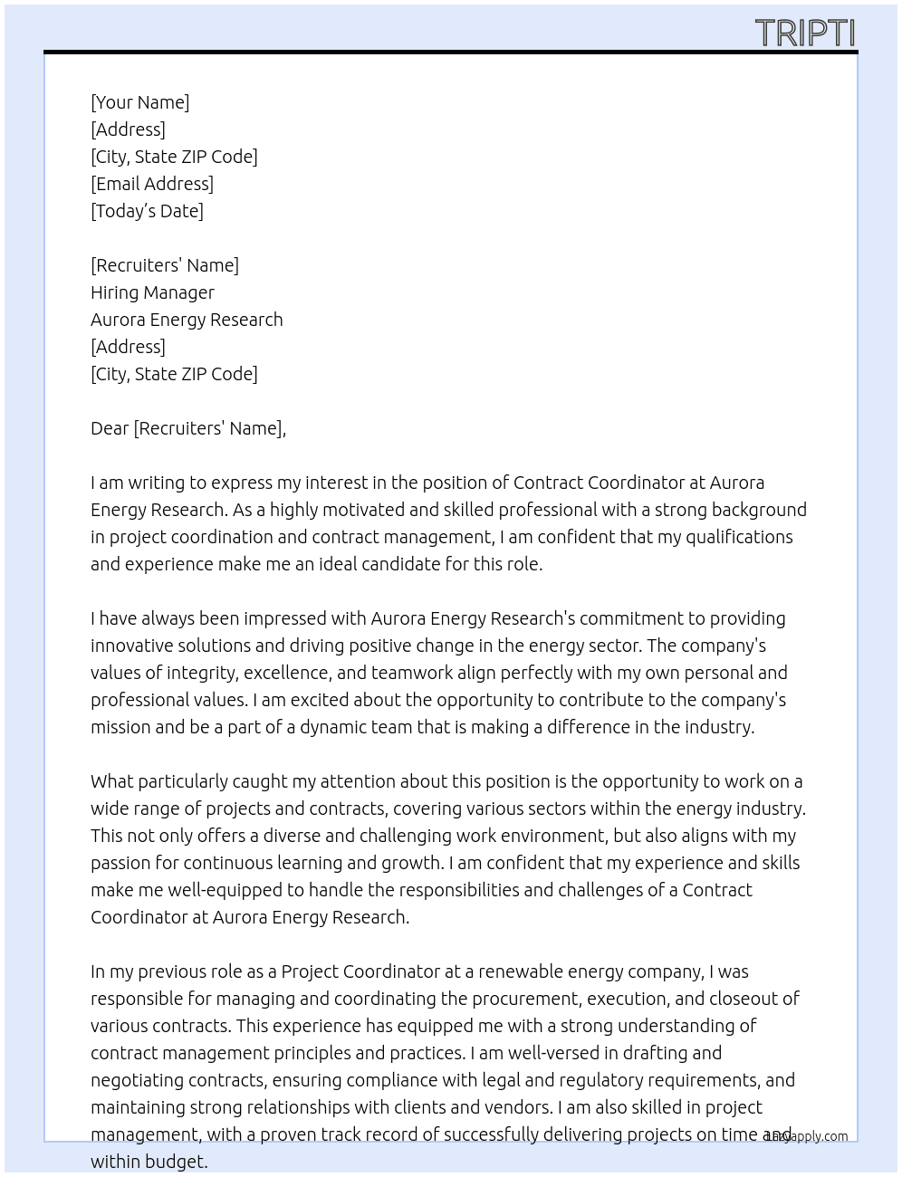 Contract coordinator  At Aurora energy research  Cover Letter