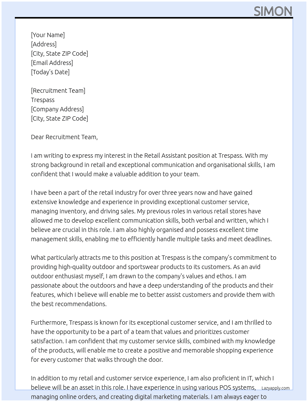 Retail Assistant  At Trespass Cover Letter