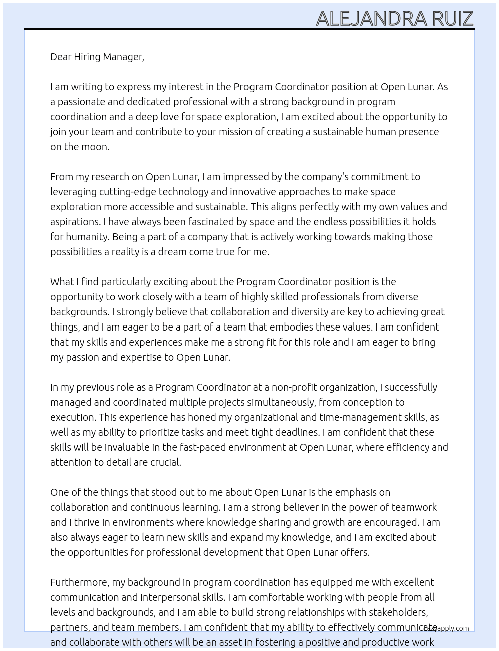 Program Coordinator At Open Lunar Cover Letter