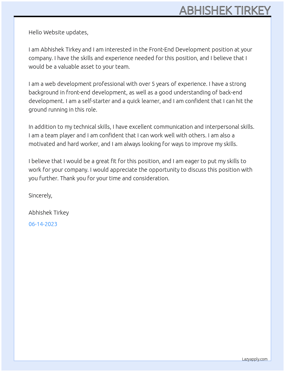 Front-End Development At Website updates Cover Letter