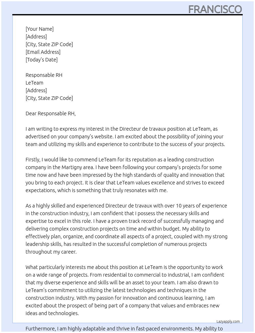 Directeur de travaux At LeTeam Cover Letter