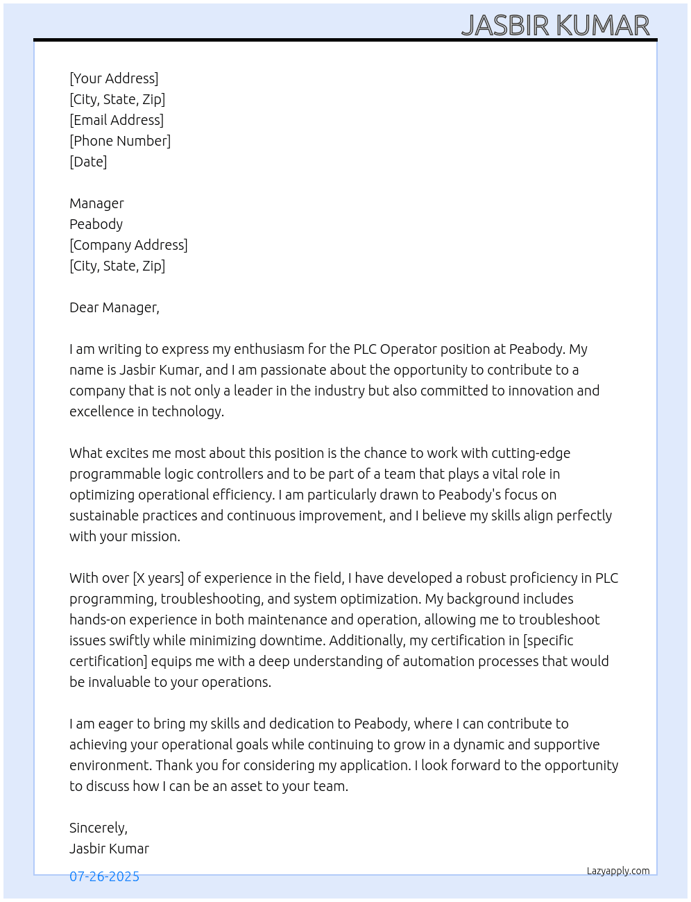 PLC operator  At Peabody  Cover Letter