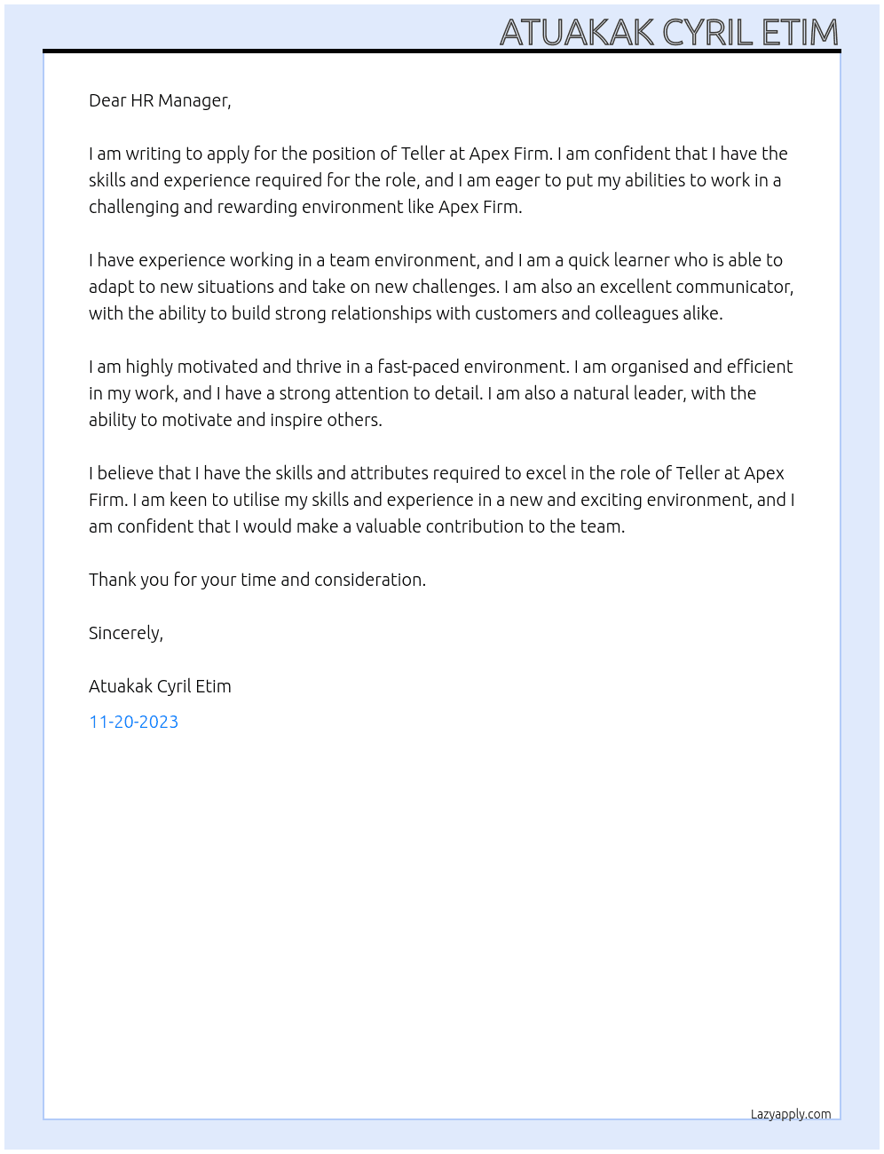Teller At Apex Firm Cover Letter
