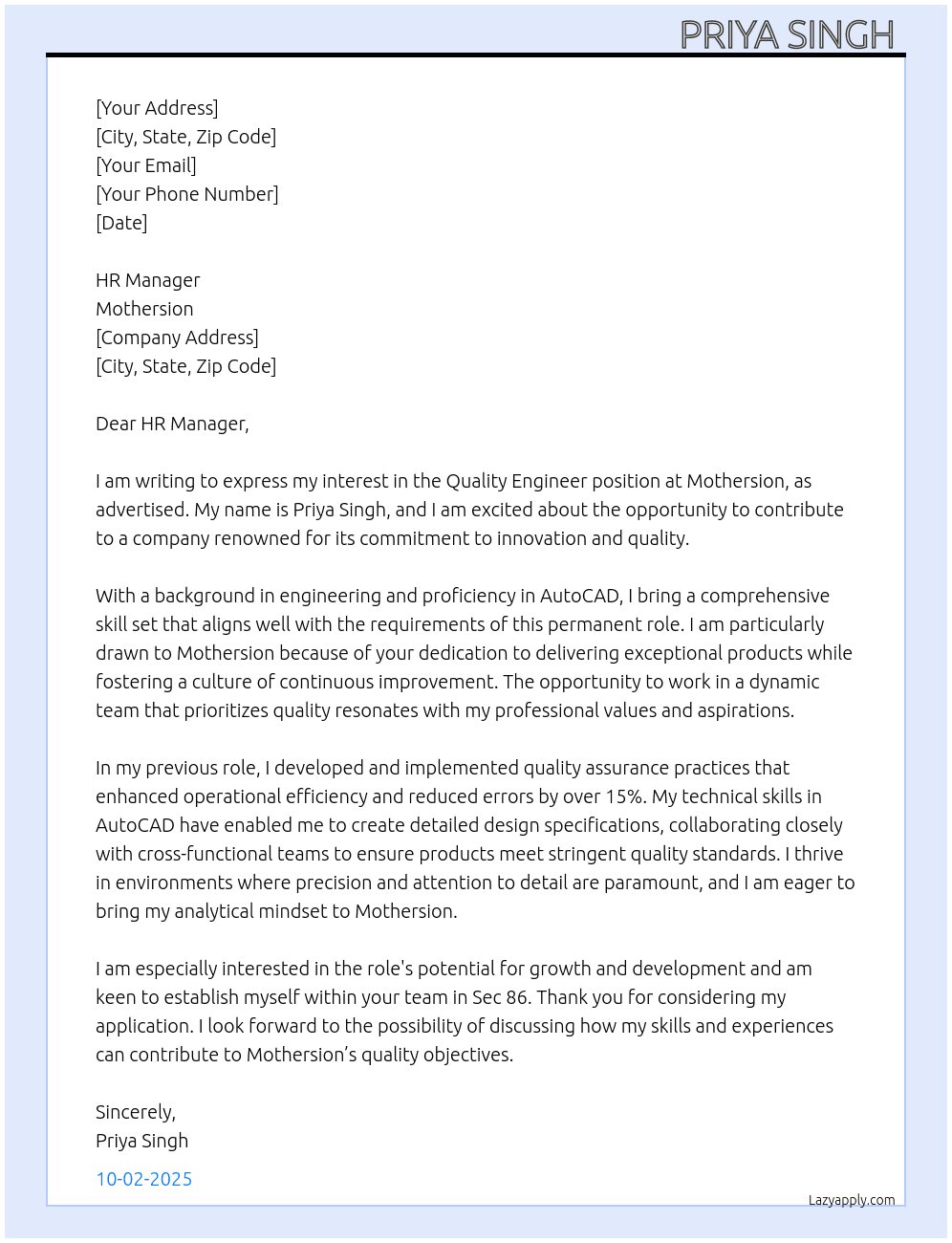 Quality Engineer  At Mothersion  Cover Letter