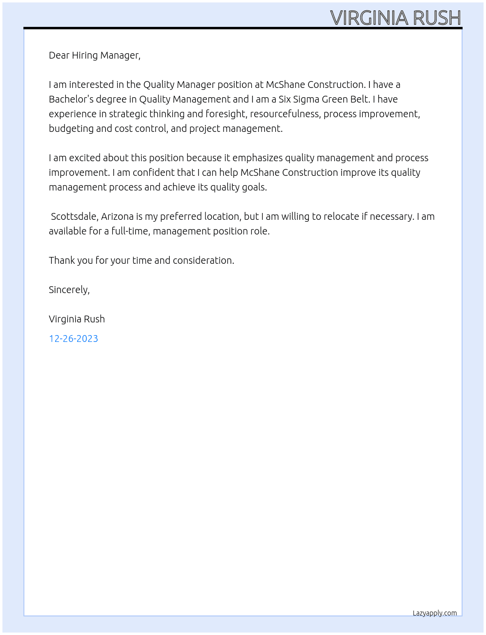  Quality Manager At McShane Construction Cover Letter