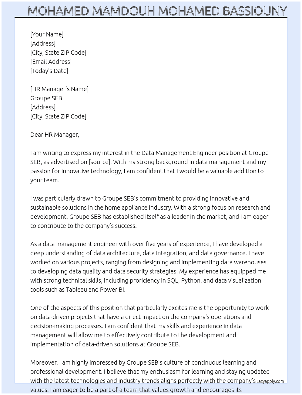 Data Management Engineer At Groupe SEB Cover Letter