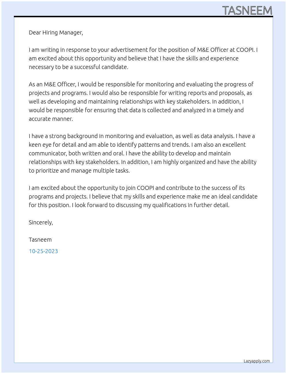 M&E Officer At COOPI Cover Letter