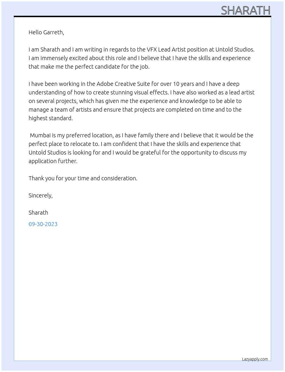 VFX Lead Artist At Untold Studios Cover Letter