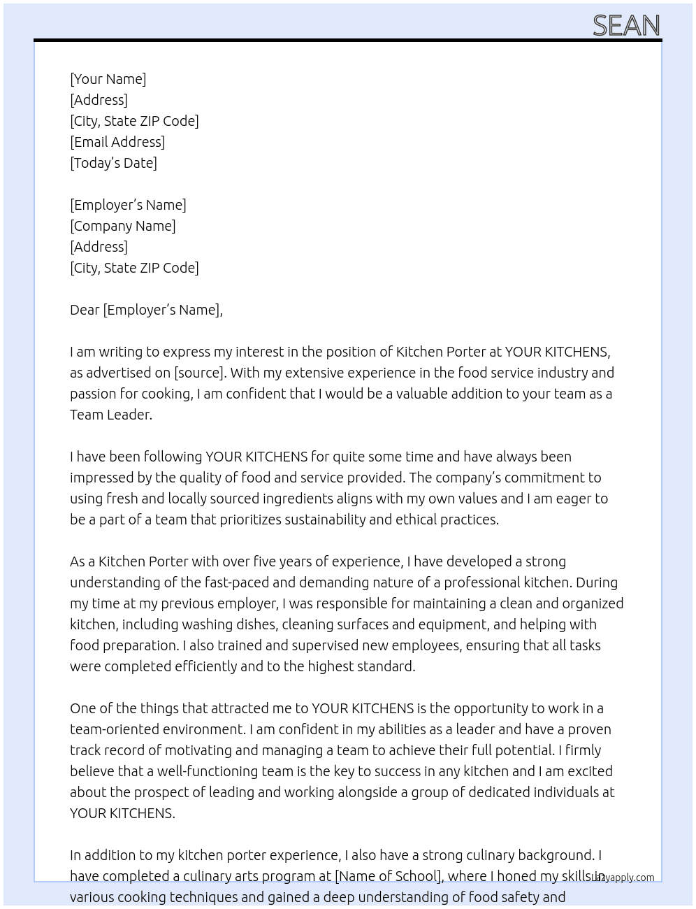 Kitchen porter  At YOUR KITCHENS Cover Letter