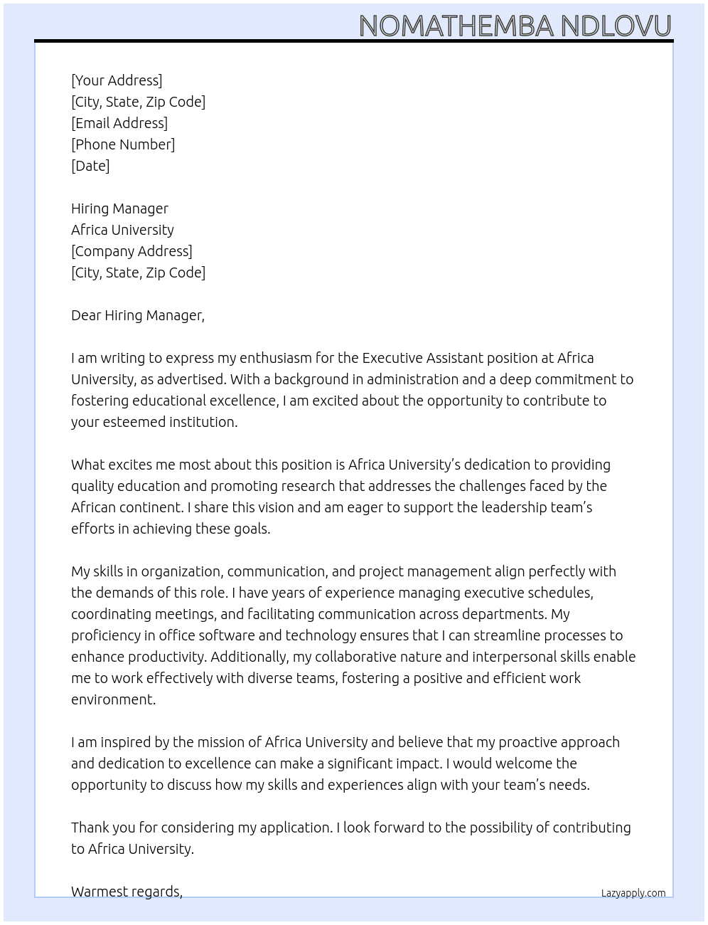 Executive Assistant  At Africa University  Cover Letter