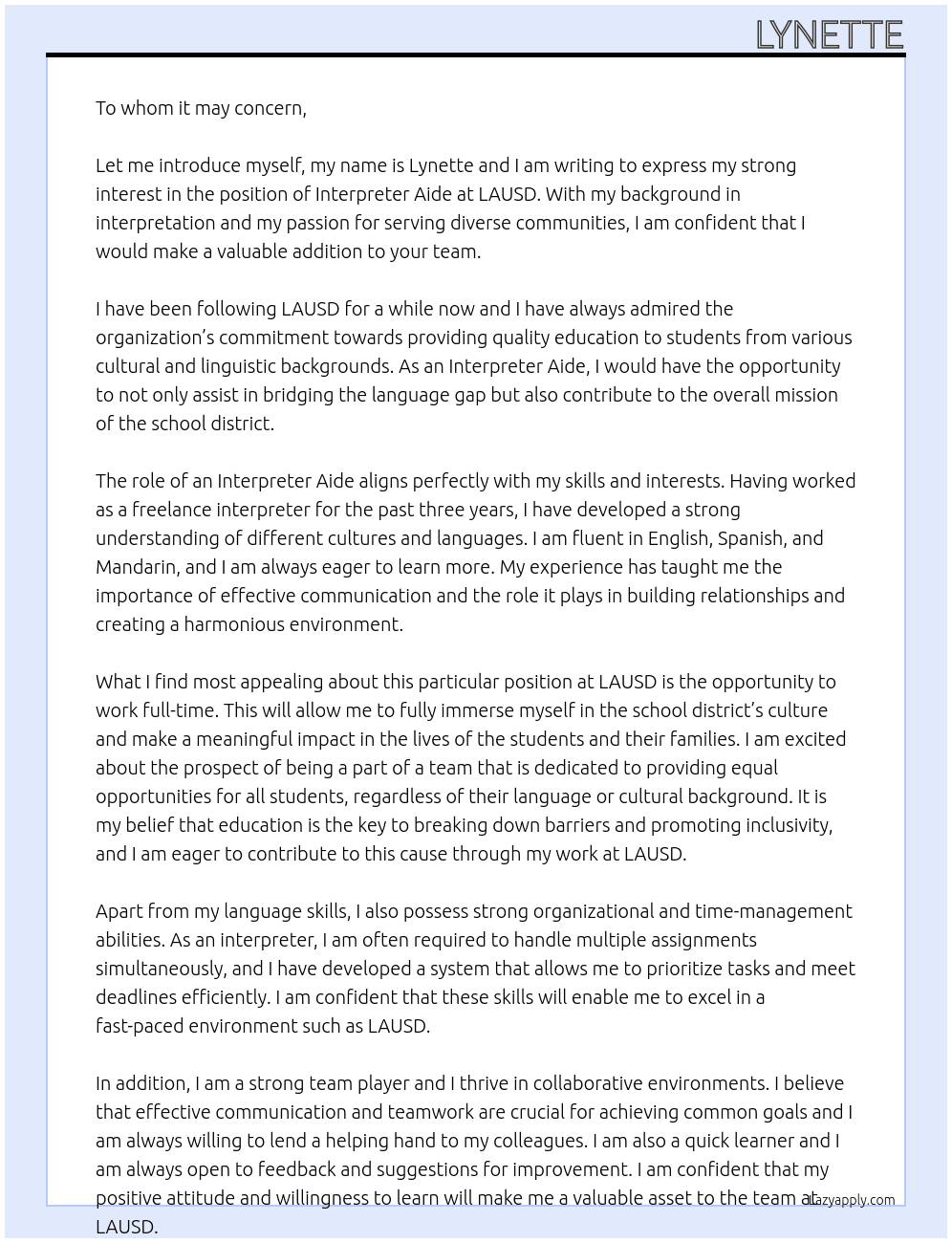 Interpreter Aide  At LAUSD Cover Letter
