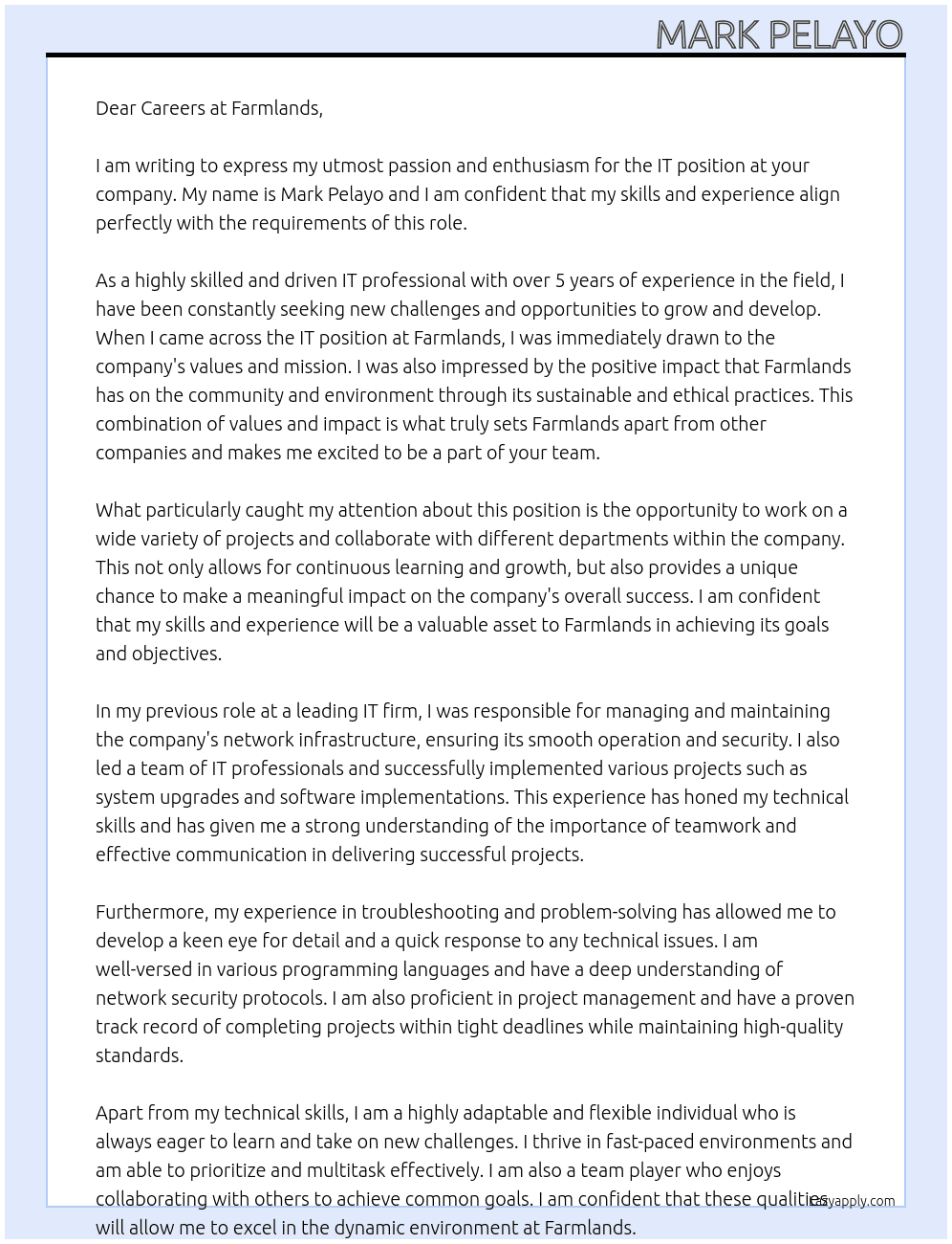 IT At Farmlands Cover Letter