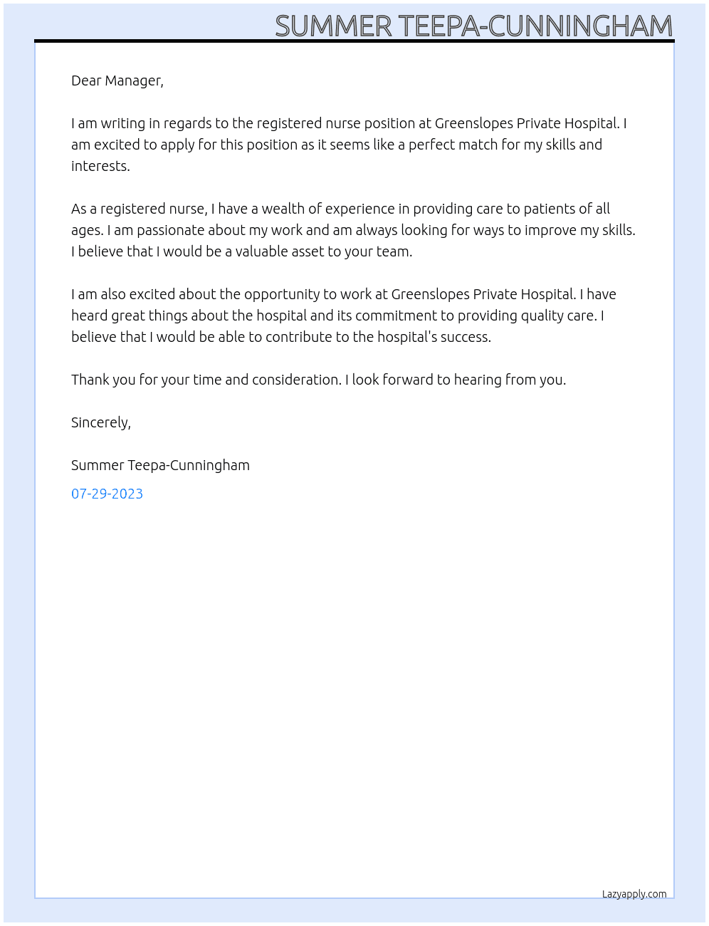 Registered nurse At Greenslopes Private Hospital  Cover Letter