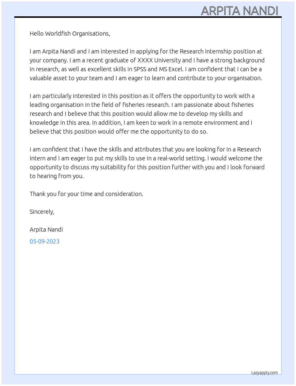 Research Internship  At Worldfish Organisations  Cover Letter