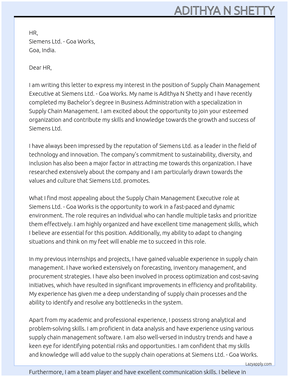 Supply Chain Management Executive At Siemens Ltd. - Goa Works Cover Letter