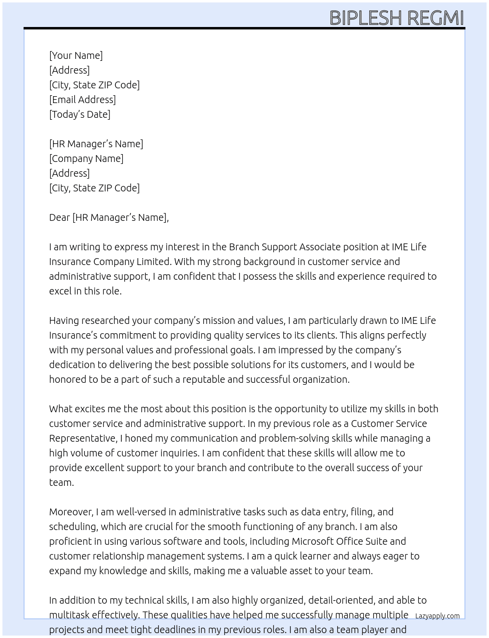 Branch Support associate At IME Life Insurance Company Limited Cover Letter