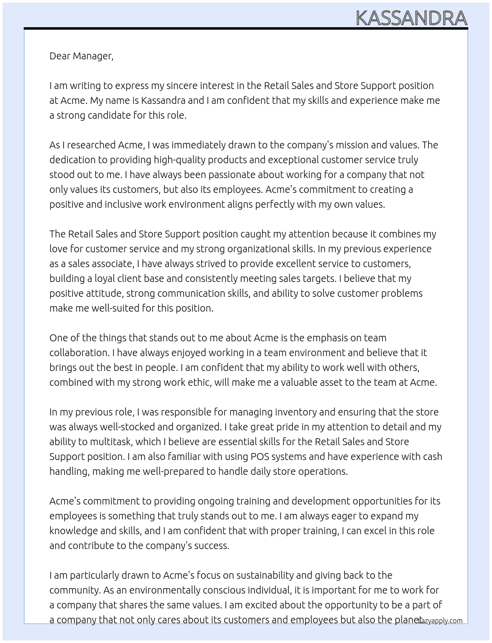 Retail Sales and Store Support At Acme Cover Letter