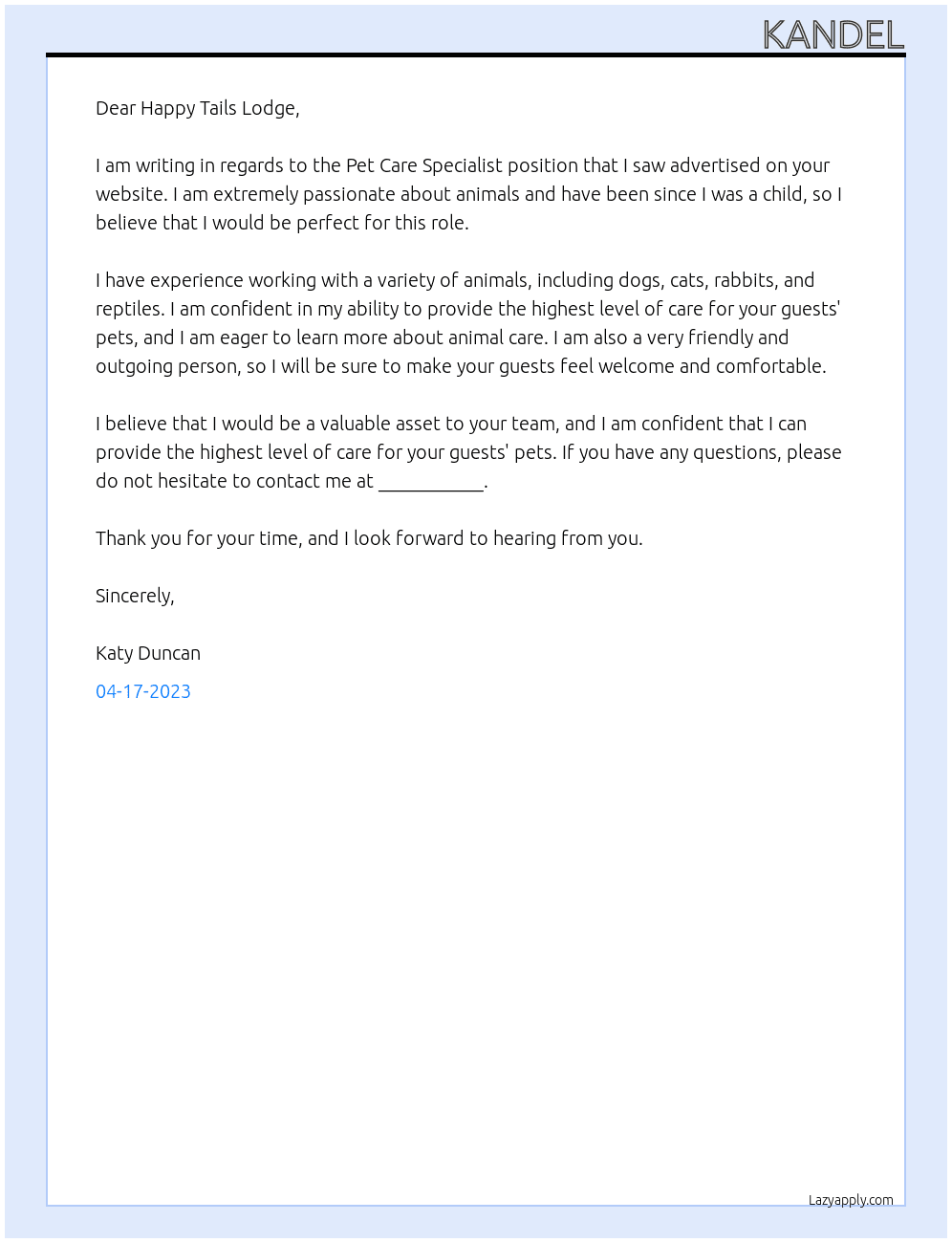 Pet Care Specialist At Happy Tails Lodge Cover Letter